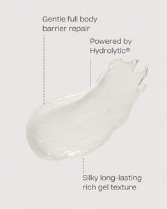 A translucent white gel swatch on a light gray background with text callouts reading 'Gentle full body barrier repair,' 'Powered by Hydrolytic®,' and 'Silky long-lasting rich gel texture.'.