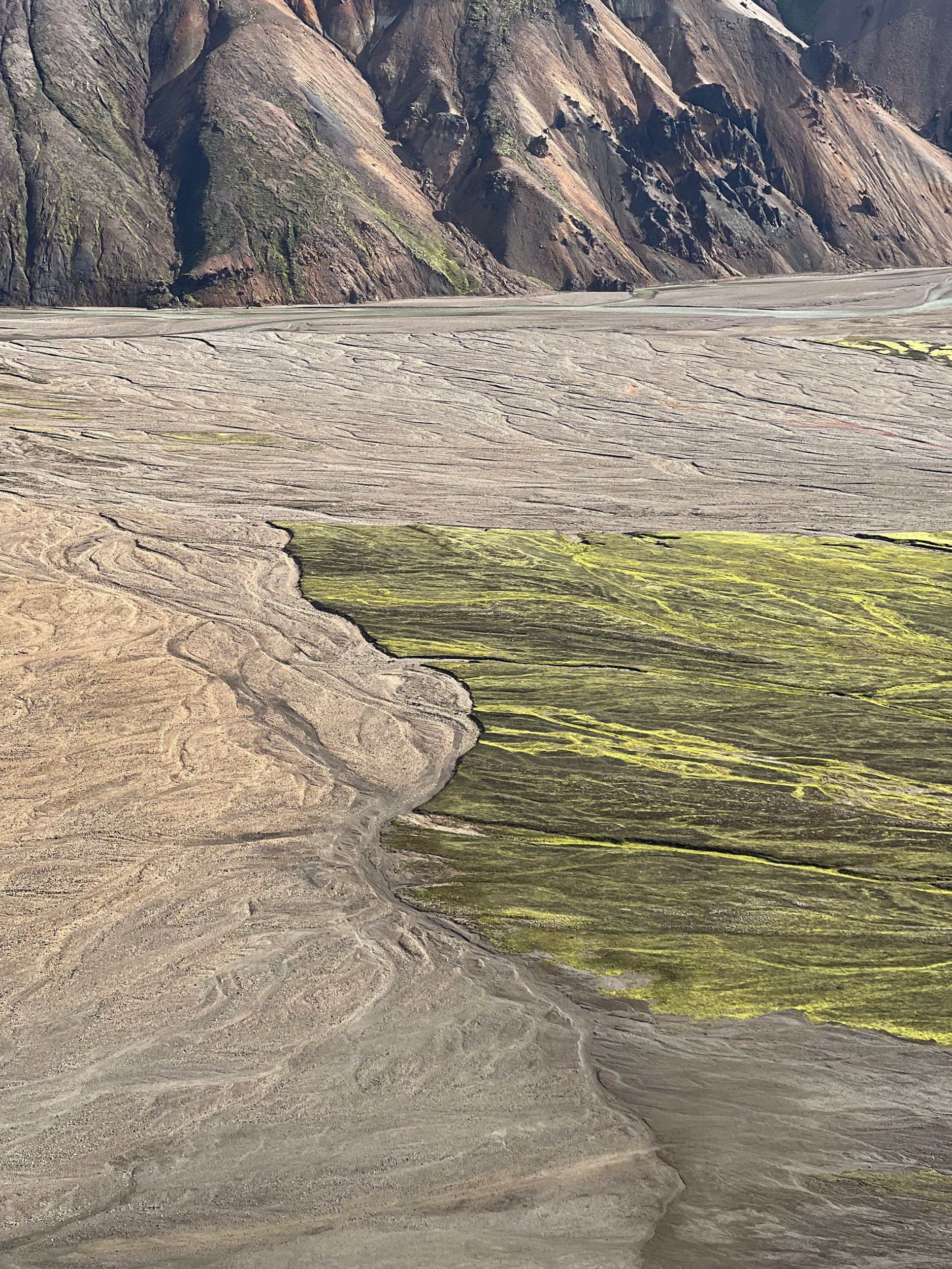 icelandic landscape in the highlands with veins of water and moss in a mountainous range
