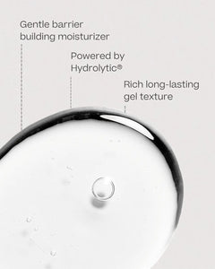 A close-up of a clear gel or liquid droplet hydrolytic face moisturizer on a light gray background with text callouts reading 'Gentle barrier building moisturizer,' 'Powered by Hydrolytic®,' and 'Rich long-lasting gel texture.'.