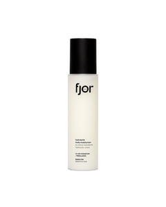 A pump bottle of Hydrolytic Body Moisturizer by fjör with a white label and black text.