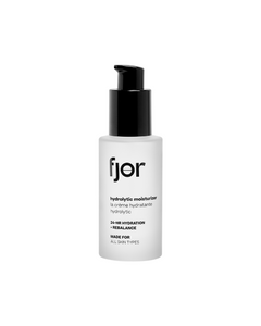A white pump bottle labeled 'fjor' with text indicating it is a hydrolytic moisturizer.