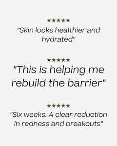 Three customer testimonial quotes with five-star ratings on a light gray background for hydrolytic serum. The quotes mention skin health, barrier rebuilding, and reduction in redness and breakouts.