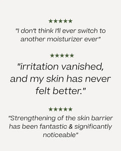 Three customer testimonial quotes with five-star ratings in dark green, displayed on a light gray background.