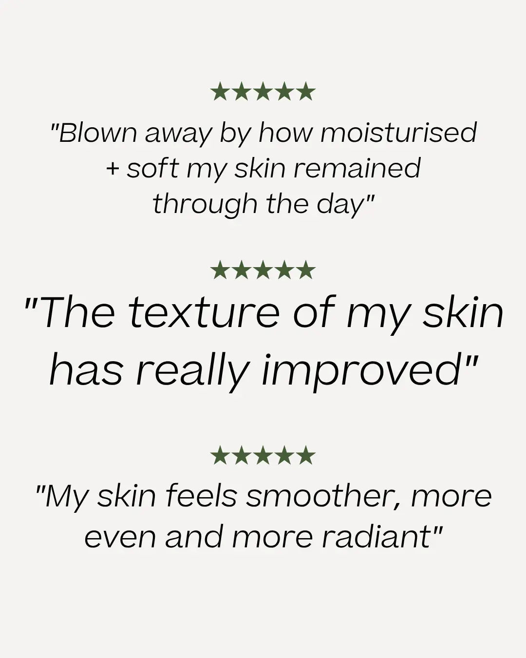 Three customer review quotes with five-star ratings on a light gray background. The quotes mention improved moisturization, skin texture, and overall skin radiance.
