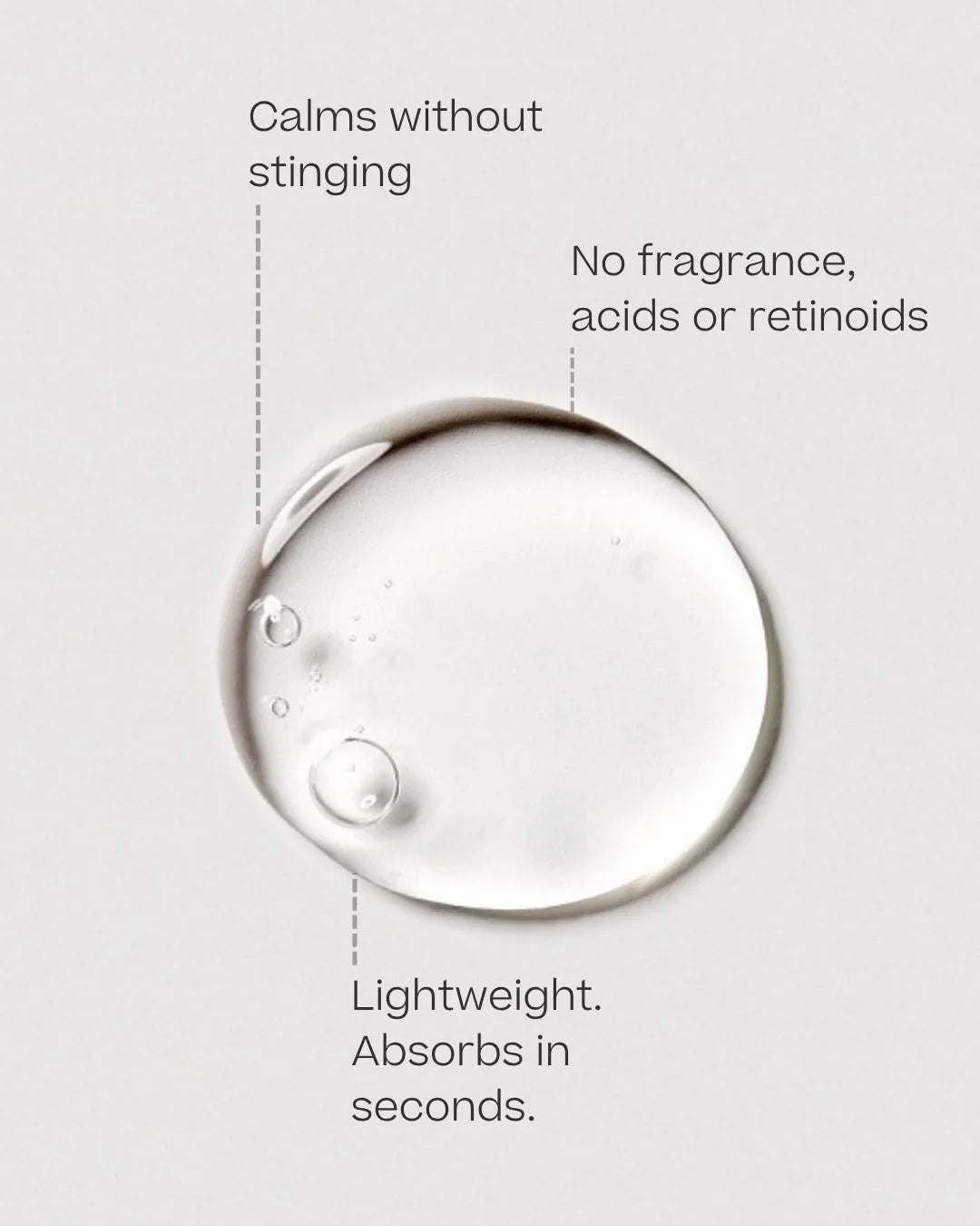 A drop of the Hydrolytic® Serum, labelled: calms without stinging; no fragrance, acids or retinoids; lightweight, absorbs in seconds.