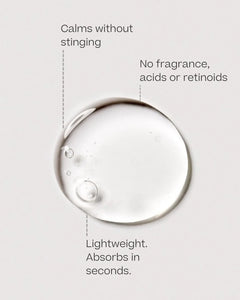 A drop of the Hydrolytic® Serum, labelled: calms without stinging; no fragrance, acids or retinoids; lightweight, absorbs in seconds.
