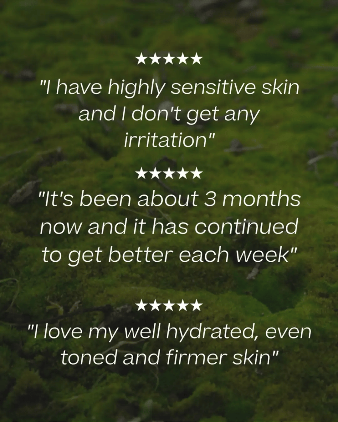 Three five-star customer reviews of the Hydrolytic® Serum on a moss background.