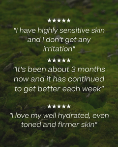 Three five-star customer reviews of the Hydrolytic® Serum on a moss background.